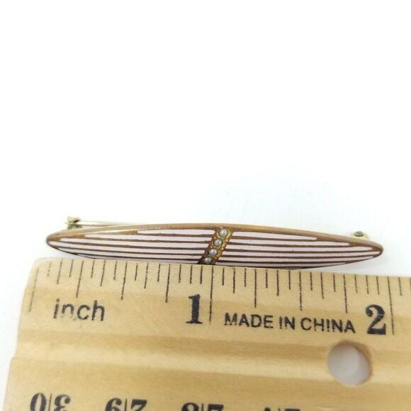 Vintage Gold Tone and White Enamel Pin Stripe Tiny Pearls Bar Brooch Lapel Pin - Picture 3 of 5